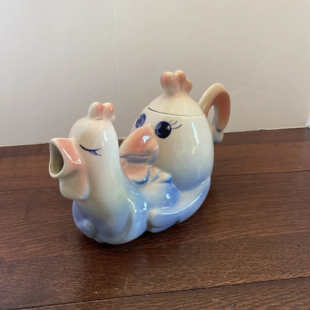 Vintage Teapot with lid- Rooster with Hen, Japan,‎ Pinks And Blues, Rare